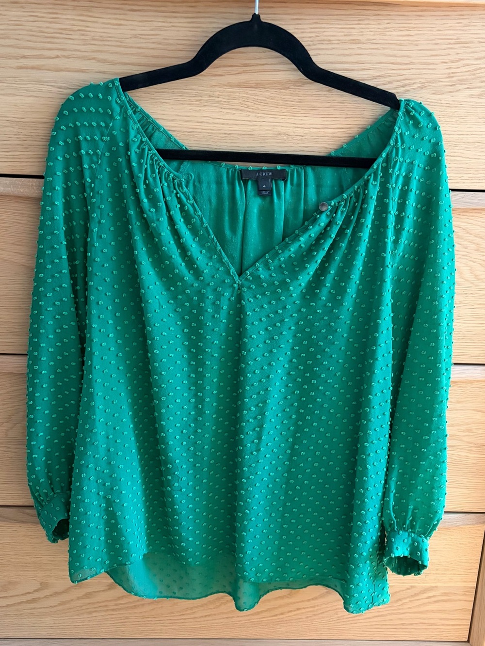 J. Crew Emerald Green Textured V-Neck Peasant Blouse